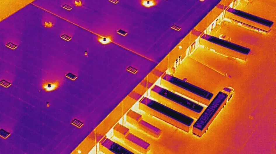 Thermal scan of a commercial flat roof showing heat variance